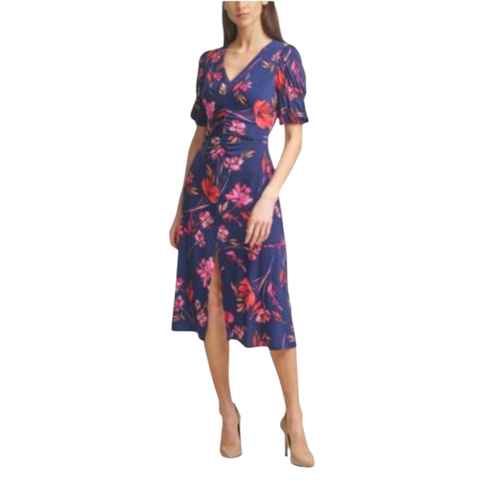 Vince Camuto Navy Midi Dress with Pink and Coral Floral Print